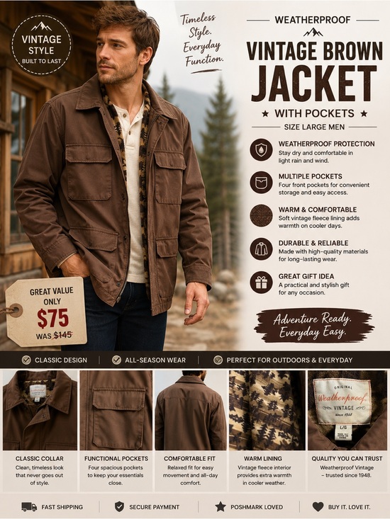 Weatherproof Vintage Other - Weatherproof Vintage Brown Jacket with Pockets Size Large Men